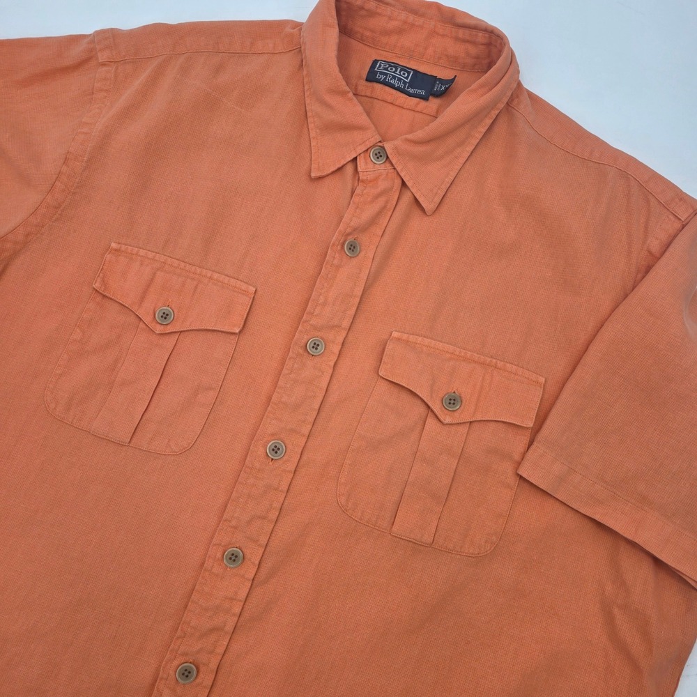 VINTAGE 90S POLO RALPH LAUREN LINEN BLEND UTILITY SHIRT MENS 2XL XXL ORANGE EUC